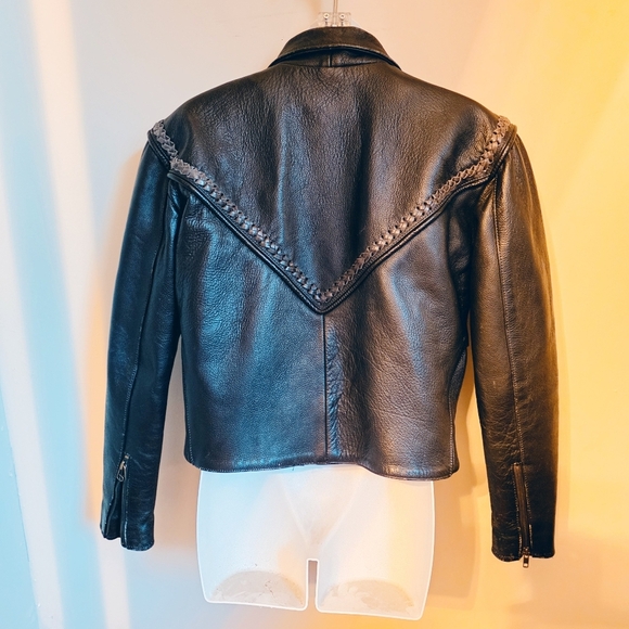 Vintage 5 Heads Black Leather Motorcycle Jacket with Braided Detail - Picture 3 of 3